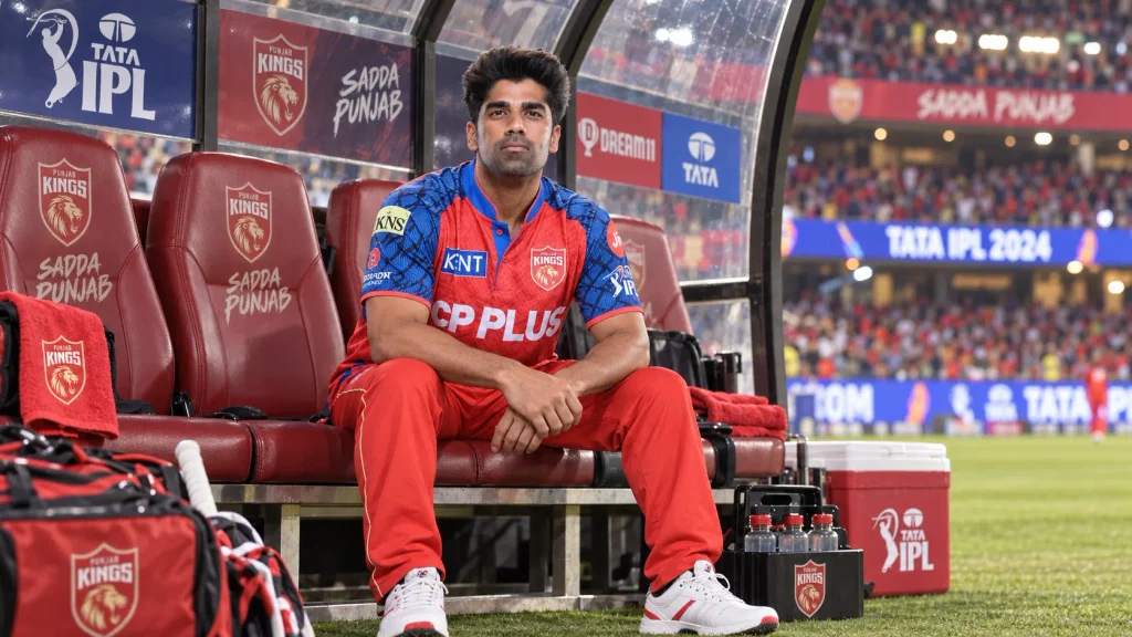 Shashank Singh in Punjab Kings kit sitting in the dugout during IPL 2024
