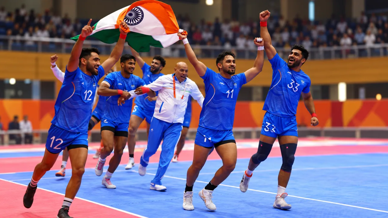 Photo illustration of Indian men’s kabaddi players celebrating with the Indian flag on an indoor court.