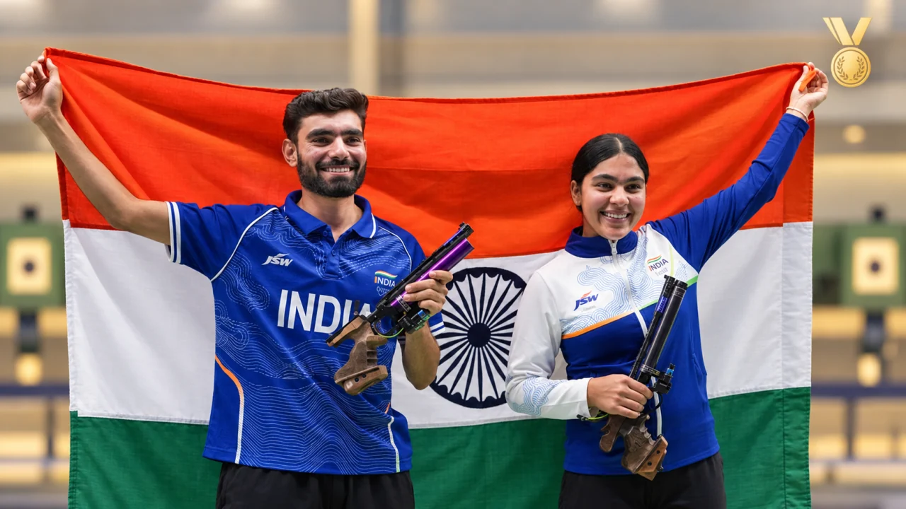 Photo illustration of Kamaljeet and Suruchi Singh holding the Indian flag and air pistols, with a gold-medal motif.