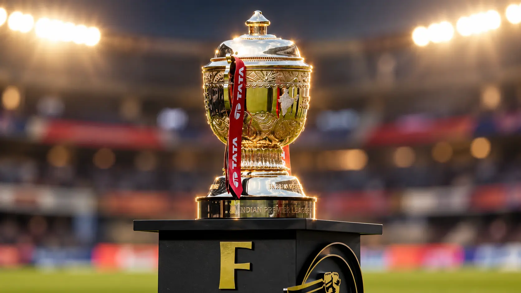 IPL trophy on a pedestal under stadium floodlights