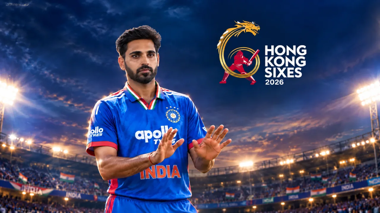 Bhuvneshwar Kumar beside the Hong Kong Sixes 2026 logo in a stadium graphic
