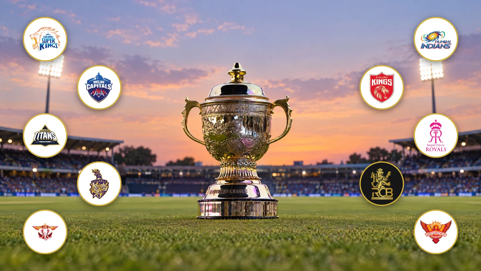 IPL trophy on a cricket ground with the logos of all 10 IPL teams