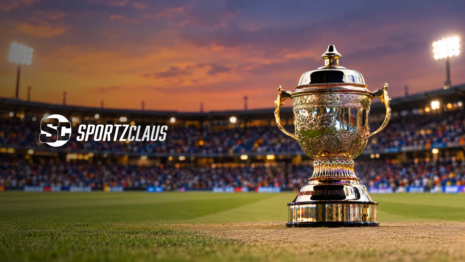 IPL trophy on a cricket ground at dusk with the SportzClaus logo