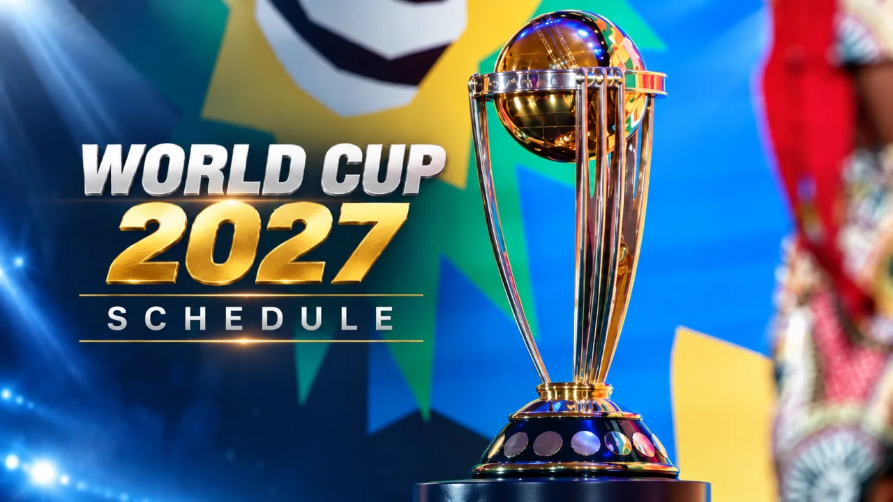 Cricket World Cup trophy beside World Cup 2027 Schedule lettering