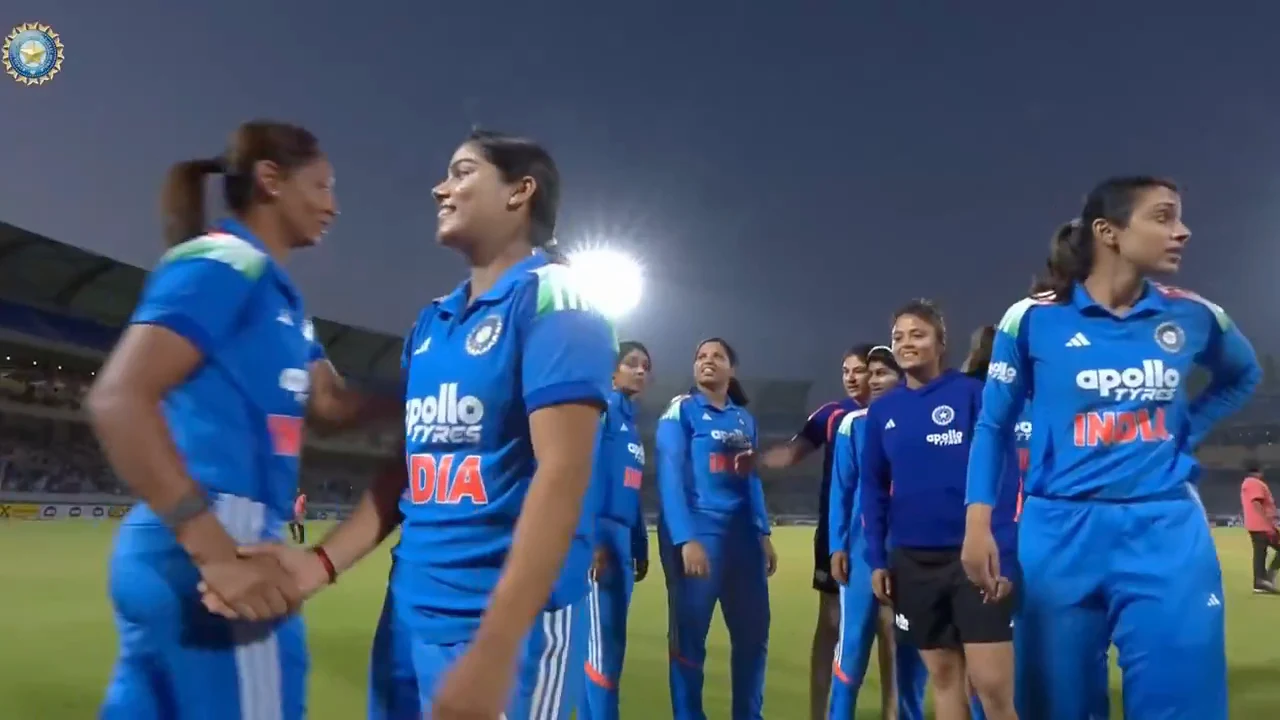 Harmanpreet Kaur (left) and Smriti Mandhana (right) in India's handshake line after the third ODI against Zimbabwe in Vadodara